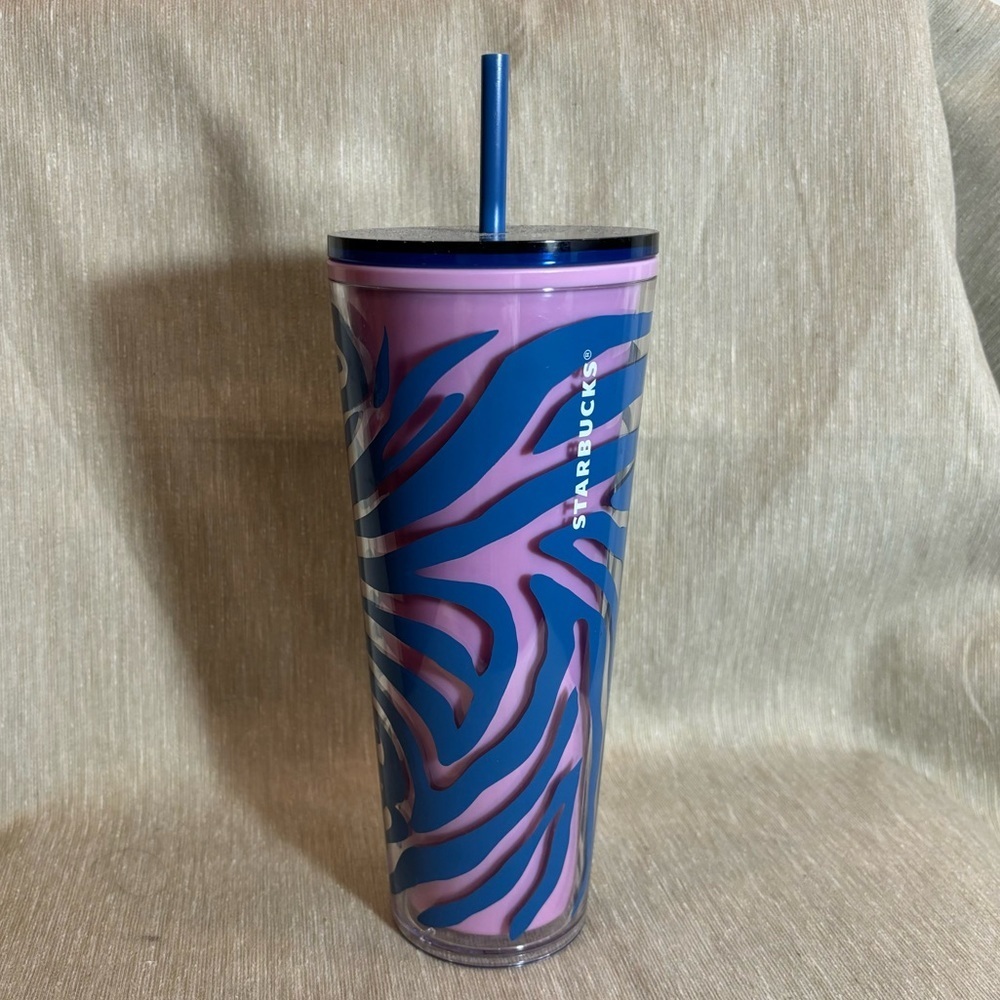 STARBUCKS Zebra Stripe Pink Blue 24oz Tumbler Cup With Straw